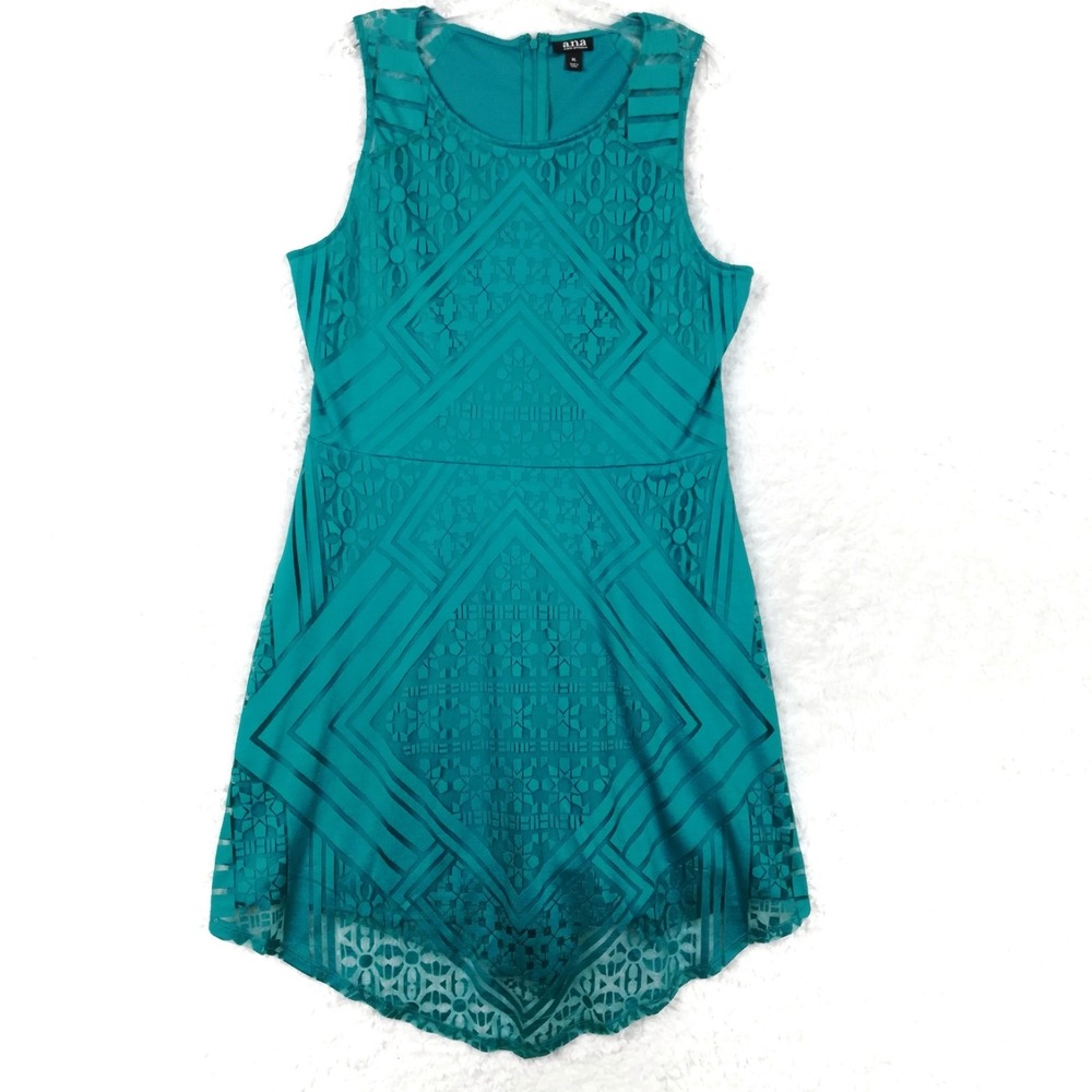 A.N.A Womens Dress A-Line Teal Sleeveless Geometric Lace Overlay Knee XL New